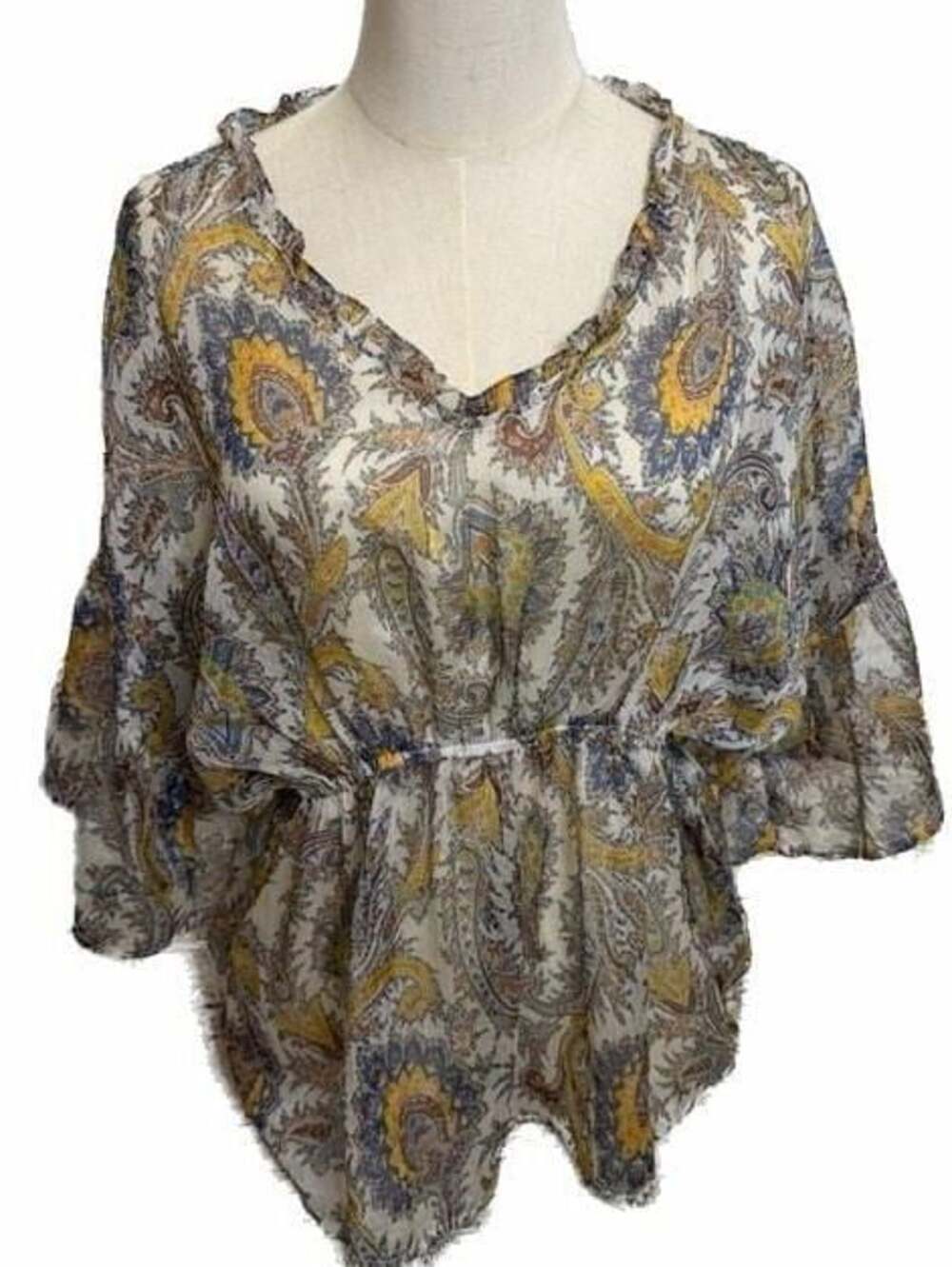 Blue B Collection Paisley Sheer Ruffle V-Neck Bell Sleeve Blouse Size M